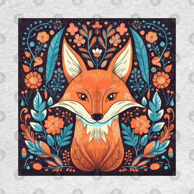 Folk Art Fox with Flower Pattern Background by EpicFoxArt